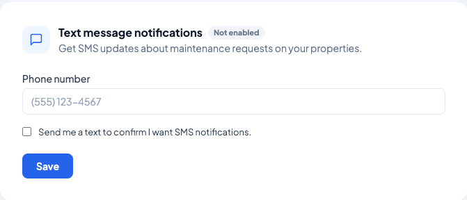 CasafloIQ account settings showing the unchecked SMS notification opt-in checkbox and phone field